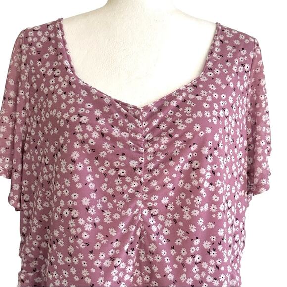 EVRI Dress Woman Lavender White Floral Short Sleeve Knee Length Chiffon Plus 1X - Picture 3 of 11